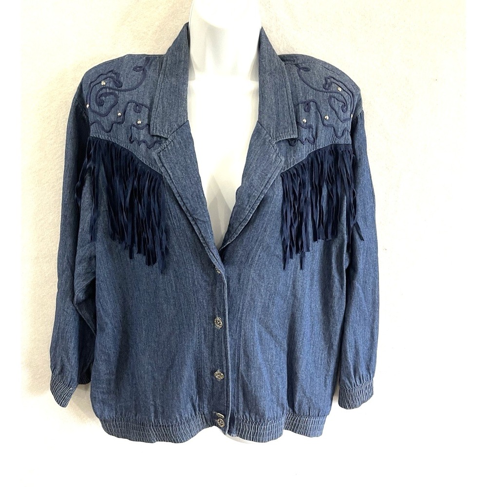 Rare Vintage Denim Fringe shirt-Jacket L 80's Western Cowgirl Rodeo Festival